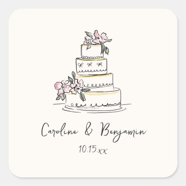 Adesivo Quadrado Custom Handwritten Pink Yellow Doodle Wedding Cake (Frente)
