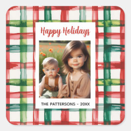 Adesivo Quadrado Custom Happy Holidays Fun Plaid Red Green Photo