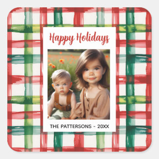 Adesivo Quadrado Custom Happy Holidays Fun Plaid Red Green Photo
