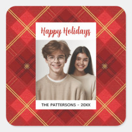 Adesivo Quadrado Custom Happy Holidays Fun Plaid Red Green Photo