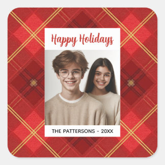 Adesivo Quadrado Custom Happy Holidays Fun Plaid Red Green Photo