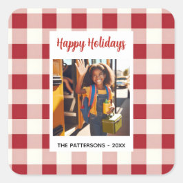 Adesivo Quadrado Custom Happy Holidays Fun Plaid Red White Photo