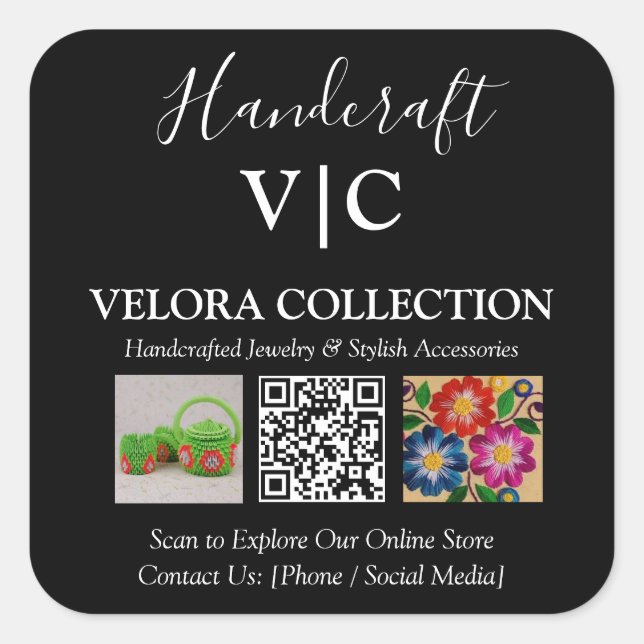 Adesivo Quadrado Custom Monogram or Logo QR Photo Square Sticker (Frente)