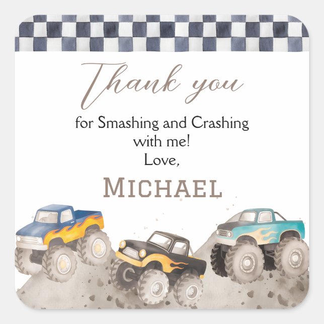 Adesivo Quadrado Custom Monster Truck Birthday Stickers (Frente)