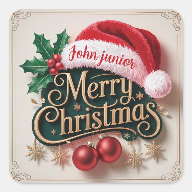 Adesivo Quadrado Custom Name Merry Christmas Sticker (Frente)