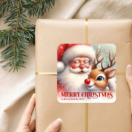 Adesivo Quadrado Custom Name Santa Rudolph Adorable Christmas Kids