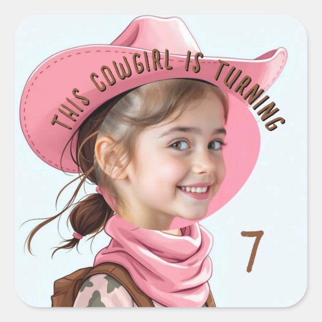 Adesivo Quadrado Custom Photo Any Age Pink Cowgirl Theme Birthday  (Frente)