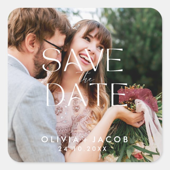 Adesivo Quadrado Custom Photo Save the Date with Couple Photo (Frente)