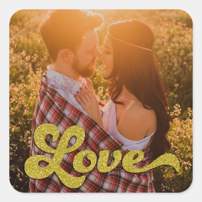 Adesivo Quadrado Custom Photo with Gold Love Overlay (Frente)