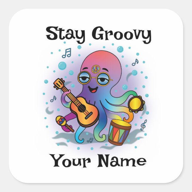 Adesivo Quadrado Custom Square Sticker | Retro Octopus Name & Text (Frente)