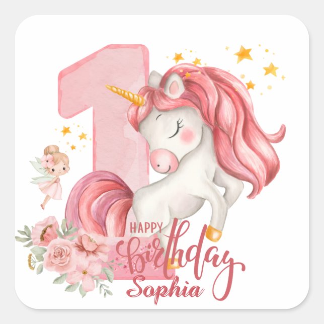 Adesivo Quadrado Custom Unicorn 1st Birthday (Frente)