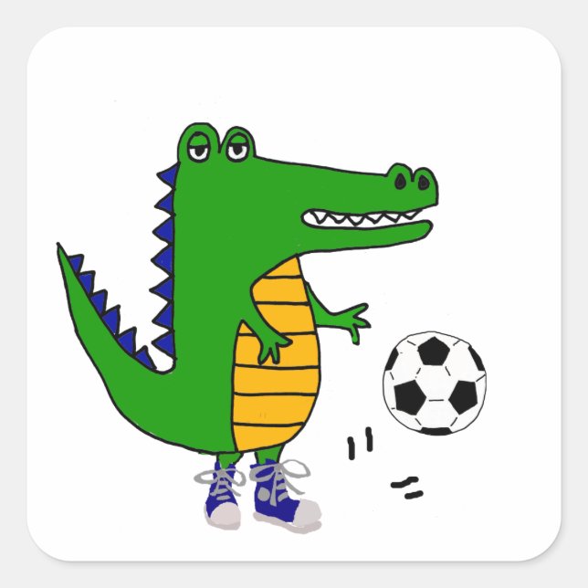 Adesivo Quadrado Cute Alligator Jogando Futebol ou Cartoon de Futeb (Frente)
