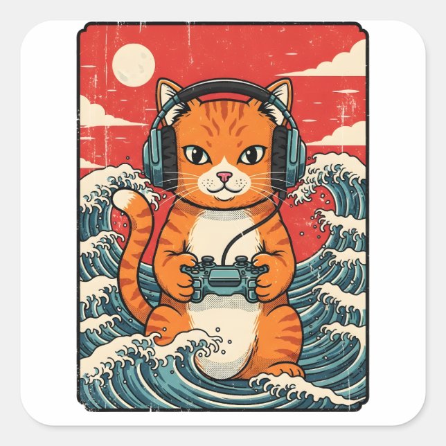 Adesivo Quadrado Cute Anime Gamer Cat Japanese Gaming Retro (Frente)