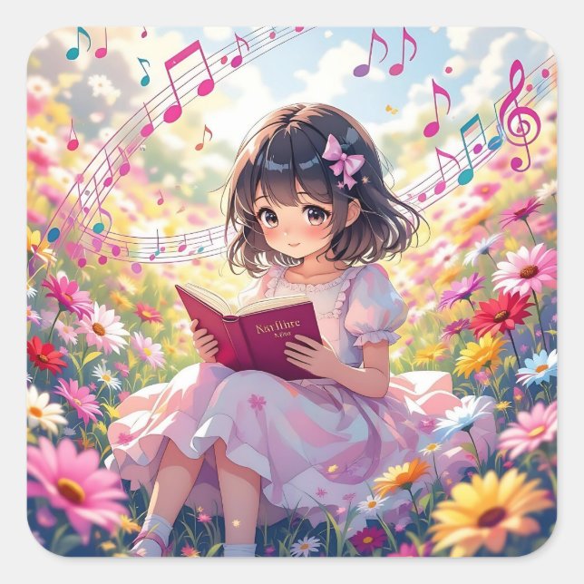 Adesivo Quadrado Cute Anime Girl Reading a Book (Frente)