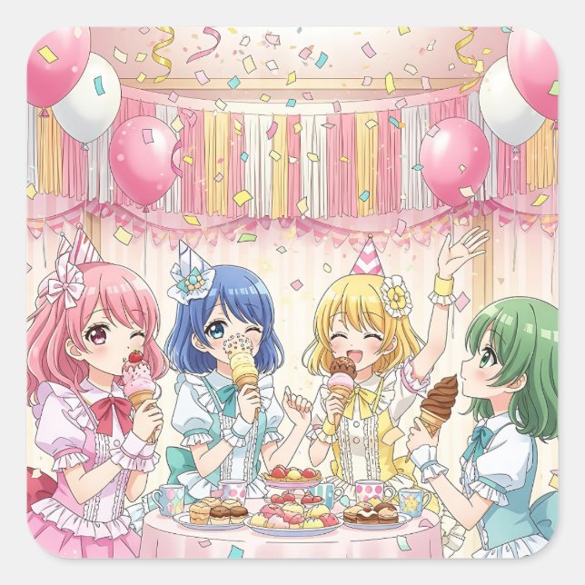 Adesivo Quadrado Cute Anime Girl's Ice Cream Birthday Party   (Frente)