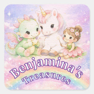 Adesivo Quadrado Cute Arco-íris Unicórnio Dragão Fada Fantasia