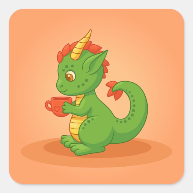 Adesivo Quadrado Cute Baby Dragon Holding Cup on Orange (Frente)