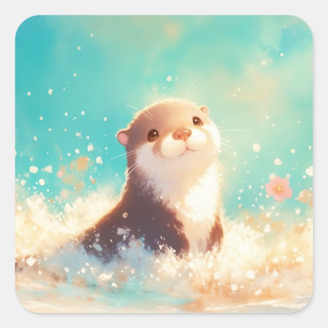 Adesivo Quadrado Cute Baby Otter Playing in Golden Sparkling Ocean (Frente)