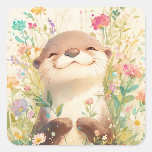Adesivo Quadrado Cute Baby Otter Smiling in Meadow Flowers (Frente)