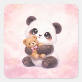 Adesivo Quadrado Cute Baby Panda Hugging Teddy Bear Square Sticker