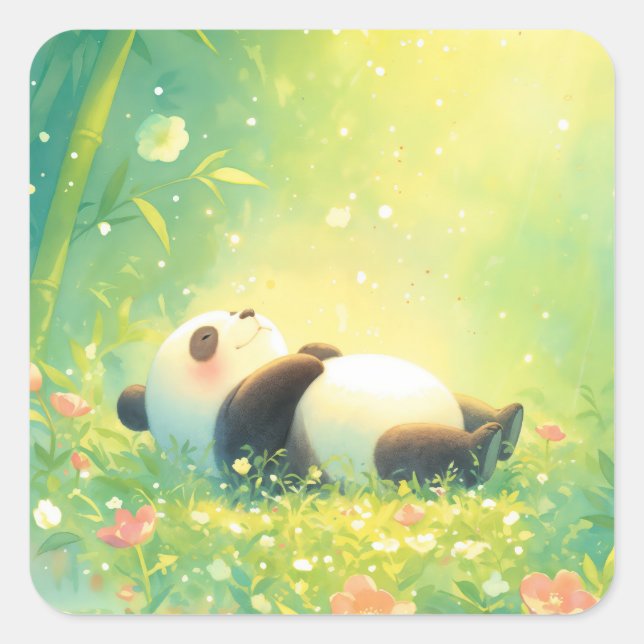 Adesivo Quadrado Cute Baby Panda Sleeping in Sunlit Bamboo Forest (Frente)