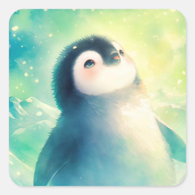 Adesivo Quadrado Cute Baby Penguin Gazing at Aurora Borealis Sky (Frente)