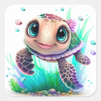 Adesivo Quadrado Cute Baby Sea Turtle Illustration – Adorable Ocean