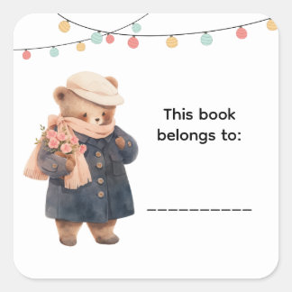 Adesivo Quadrado Cute Bear Book Labels
