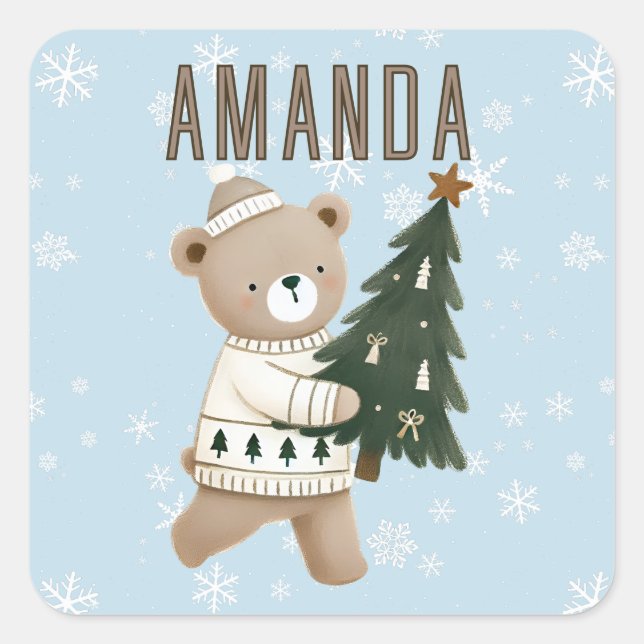 Adesivo Quadrado Cute Bear Christmas Tree Snowflakes Kids Name  (Frente)