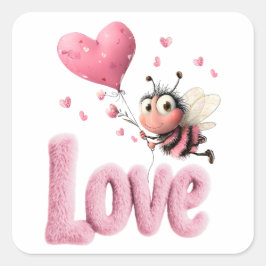 Adesivo Quadrado Cute Bee Fluffy Pink Love Heart Balloon Design