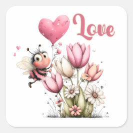 Adesivo Quadrado Cute Bee Love Heart Balloon Spring Flowers