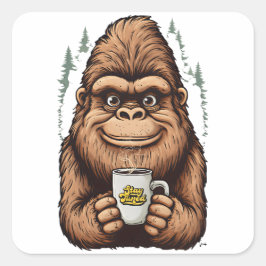 Adesivo Quadrado Cute Bigfoot Drinking Coffee  Funny Sasquatch 