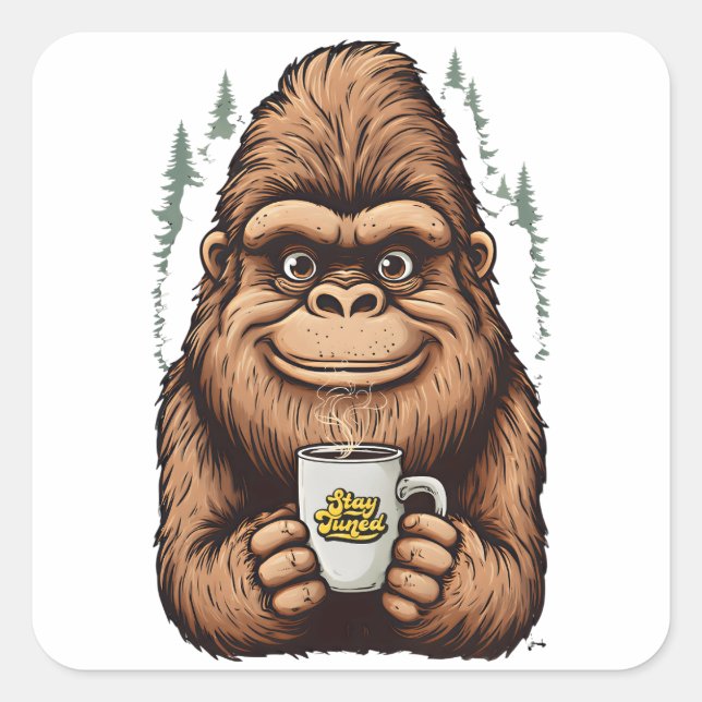 Adesivo Quadrado Cute Bigfoot Drinking Coffee  Funny Sasquatch  (Frente)
