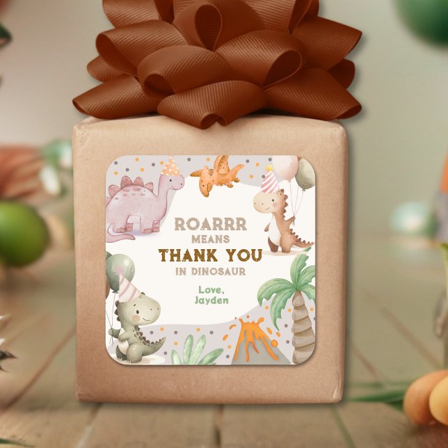 Adesivo Quadrado Cute Birthday Party Dinosaur Thank You (Criador carregado)