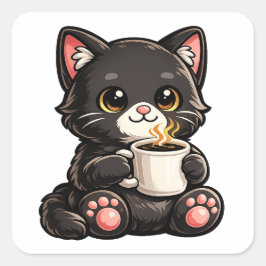 Adesivo Quadrado Cute Black Cat with Coffee