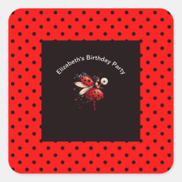 Adesivo Quadrado Cute Black & Red Ladybug Fairy Birthday Party 
