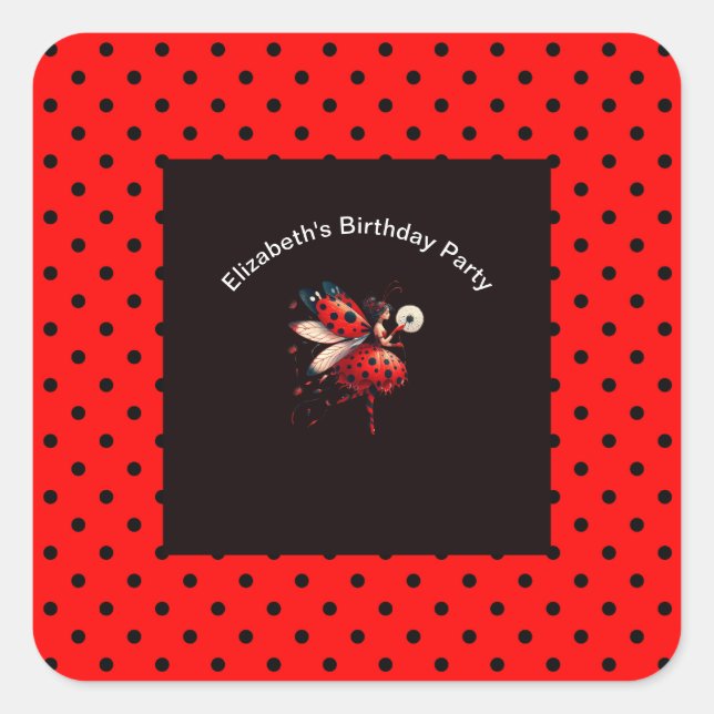 Adesivo Quadrado Cute Black & Red Ladybug Fairy Birthday Party  (Frente)