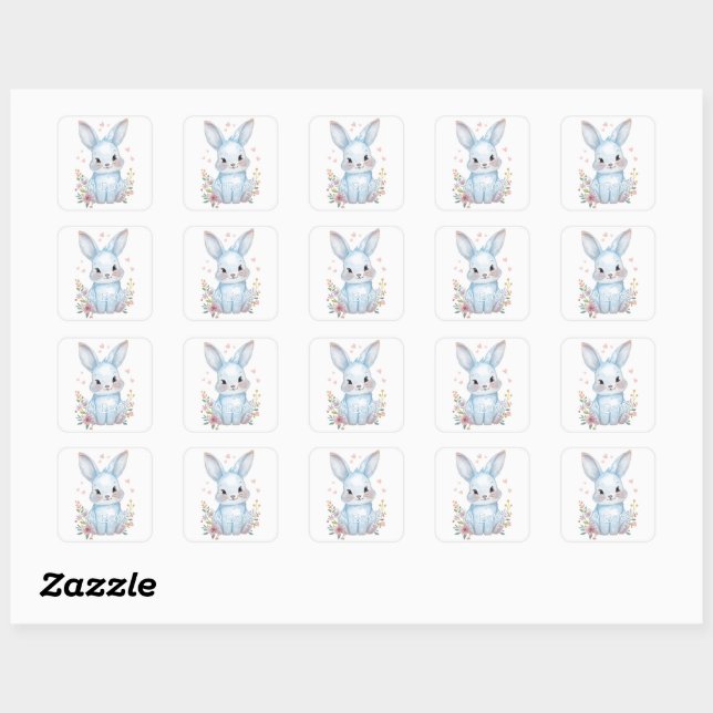 Adesivo Quadrado Cute Blue Bunny Party Theme Pastel Floral (Folha)