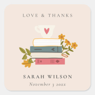 Adesivo Quadrado Cute Blush Pilha de Livros de Histórias Casamento