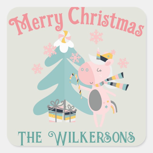 Adesivo Quadrado Cute Boho Christmas Unicorn (Frente)