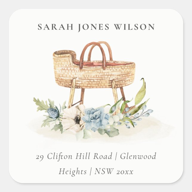 Adesivo Quadrado Cute Boho Nursery Blue Floral Bassinet (Frente)