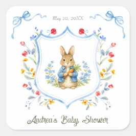 Adesivo Quadrado Cute Bunny Boy Floral Blue Bow Baby Shower 