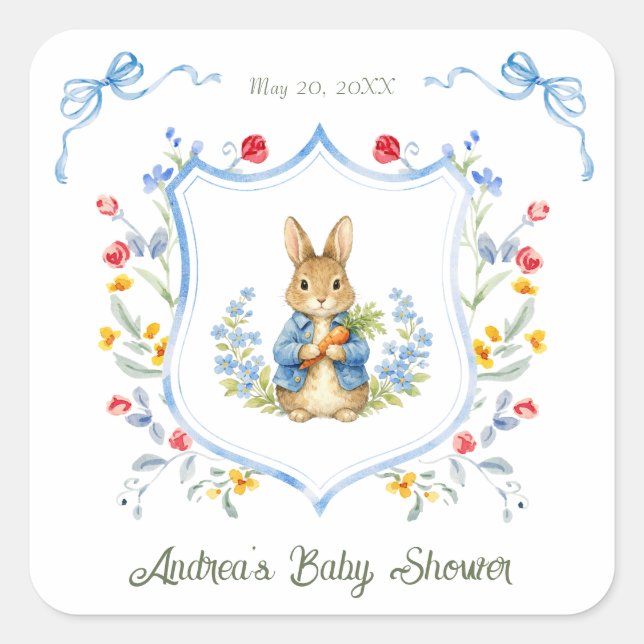 Adesivo Quadrado Cute Bunny Boy Floral Blue Bow Baby Shower  (Frente)