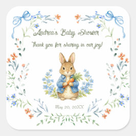 Adesivo Quadrado Cute Bunny Boy Floral Blue Bow Baby Shower Thanks