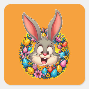 Adesivo Quadrado Cute Bunny Face – Easter Wreath Style Autocolante