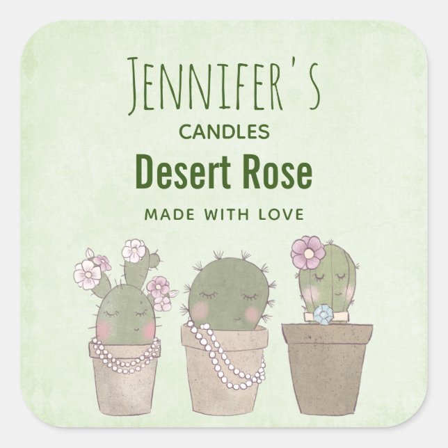 Adesivo Quadrado Cute Cactus Trio Vestindo Jewelry Candle Business (Frente)