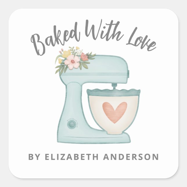 Adesivo Quadrado Cute Cake Mixer Baked With Love Bakery (Frente)