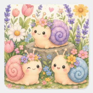 Adesivo Quadrado Cute caracóis kawaii com flores