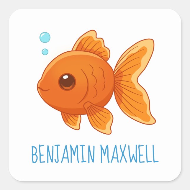 Adesivo Quadrado Cute Cartoon Goldfish Custom Name (Frente)