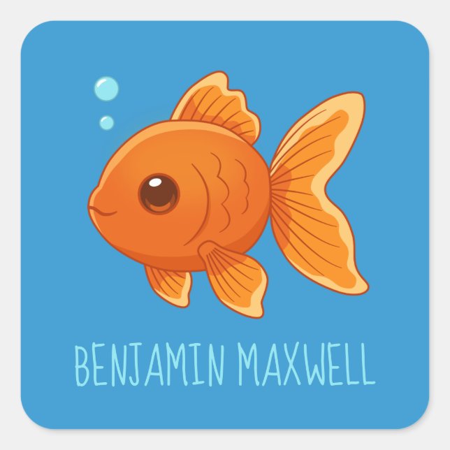 Adesivo Quadrado Cute Cartoon Goldfish on Blue Custom Name (Frente)